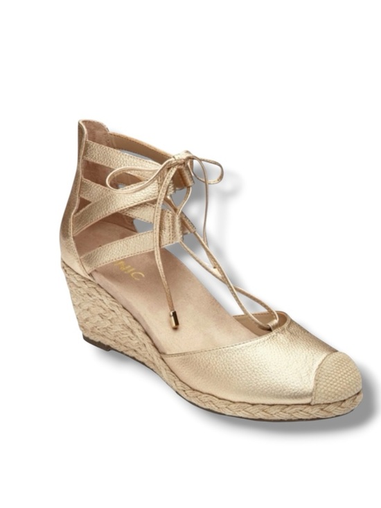 Vionic Shoes - Vionic Aruba Calypso Lace-Up Espadrille Wedge Sandals in Gold Leather Size 9